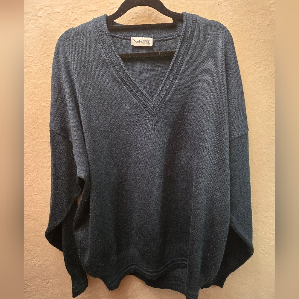 Vintage Bovet Oversized V Neck Sweater Slate Green-Blue Slouchy Knit Pullover L